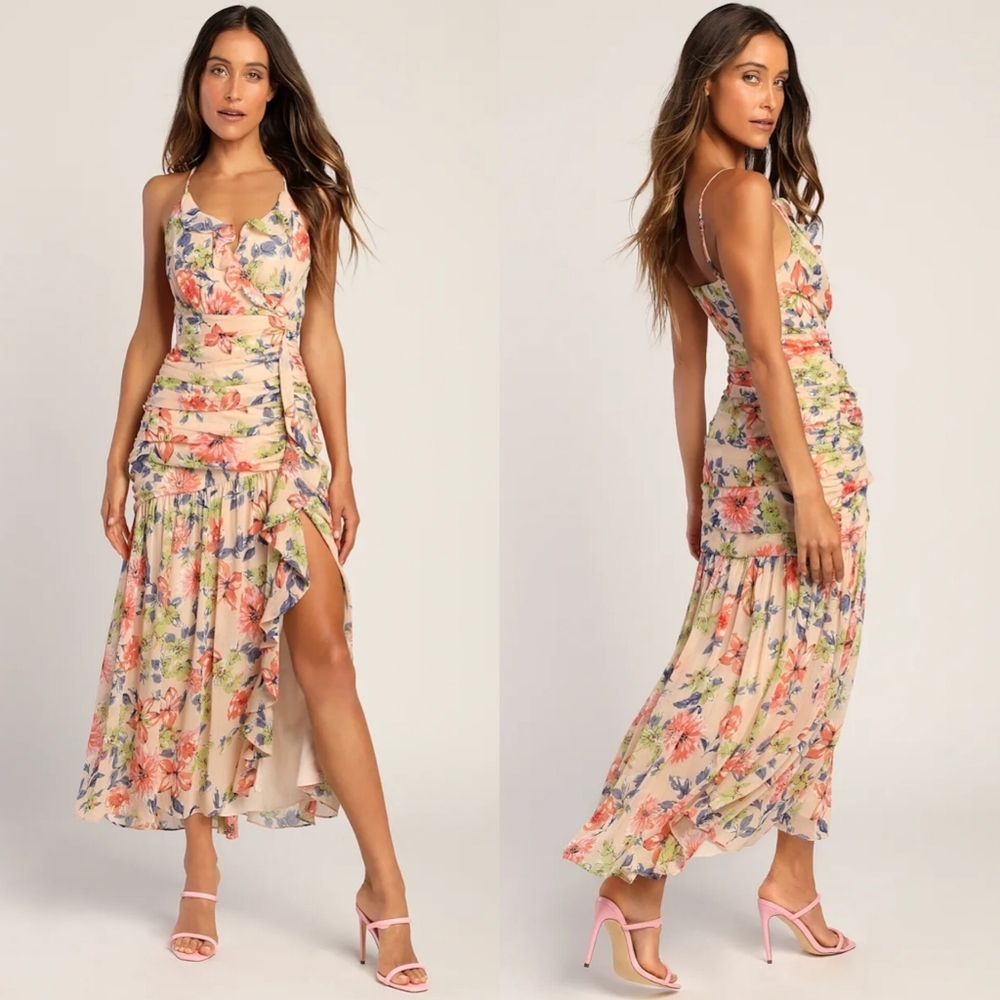 Lulus Stunning Soiree Blush Pink Floral Print Ruched Midi Dress XL Wedding Party